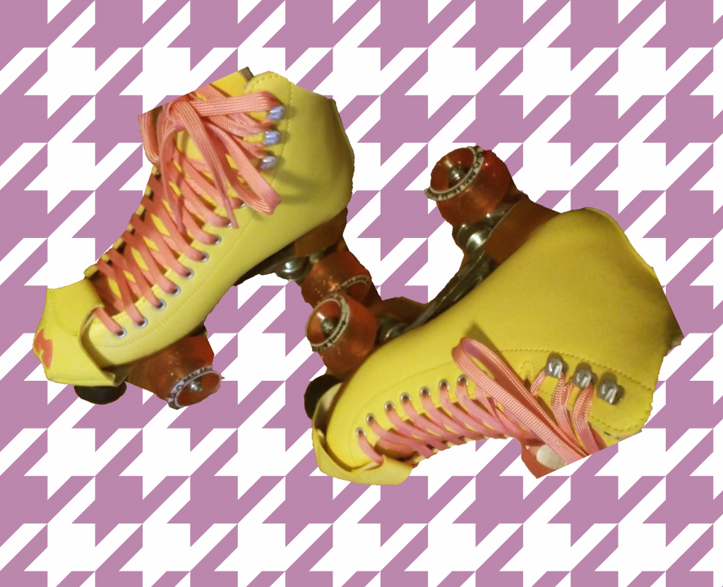a pair of yellow "beach bunny" roller skates they have pink shoelaces and pink gummy wheels. the heel is wooden and there are matching yellow toeguards