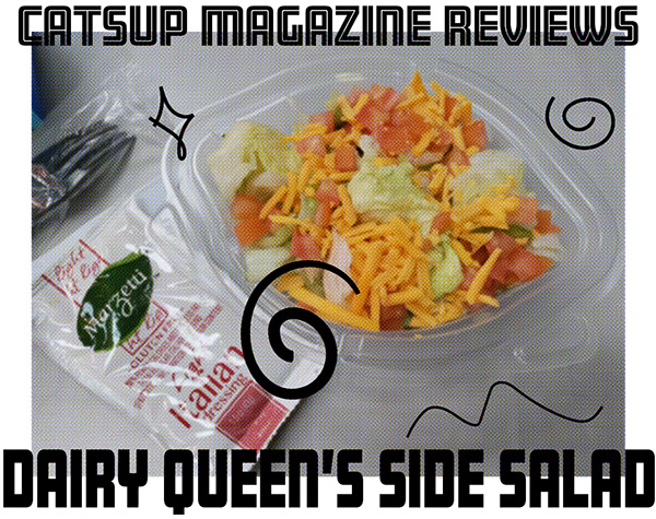an image of a small side salad in a plastic dairy queen, eye-shaped container with an italian sauce packet to the left and a plastic fork can be seen to the side. the text overlaying reads: 'catsup magazine reviews' on the top and on the bottom it says, 'dairy queen's side salad'