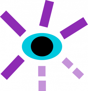 a graphic image depicting an eyeball - a black circle is inside a blue one surrounded by purple rectangles representing the eyelashes. the bottom right eyelashes are seen a shade lighter and segmented indicating loss