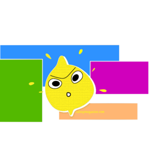 a graphic depiction of a lemon with a sour (grumpily upset) surrounded in the background by colorful rectangles