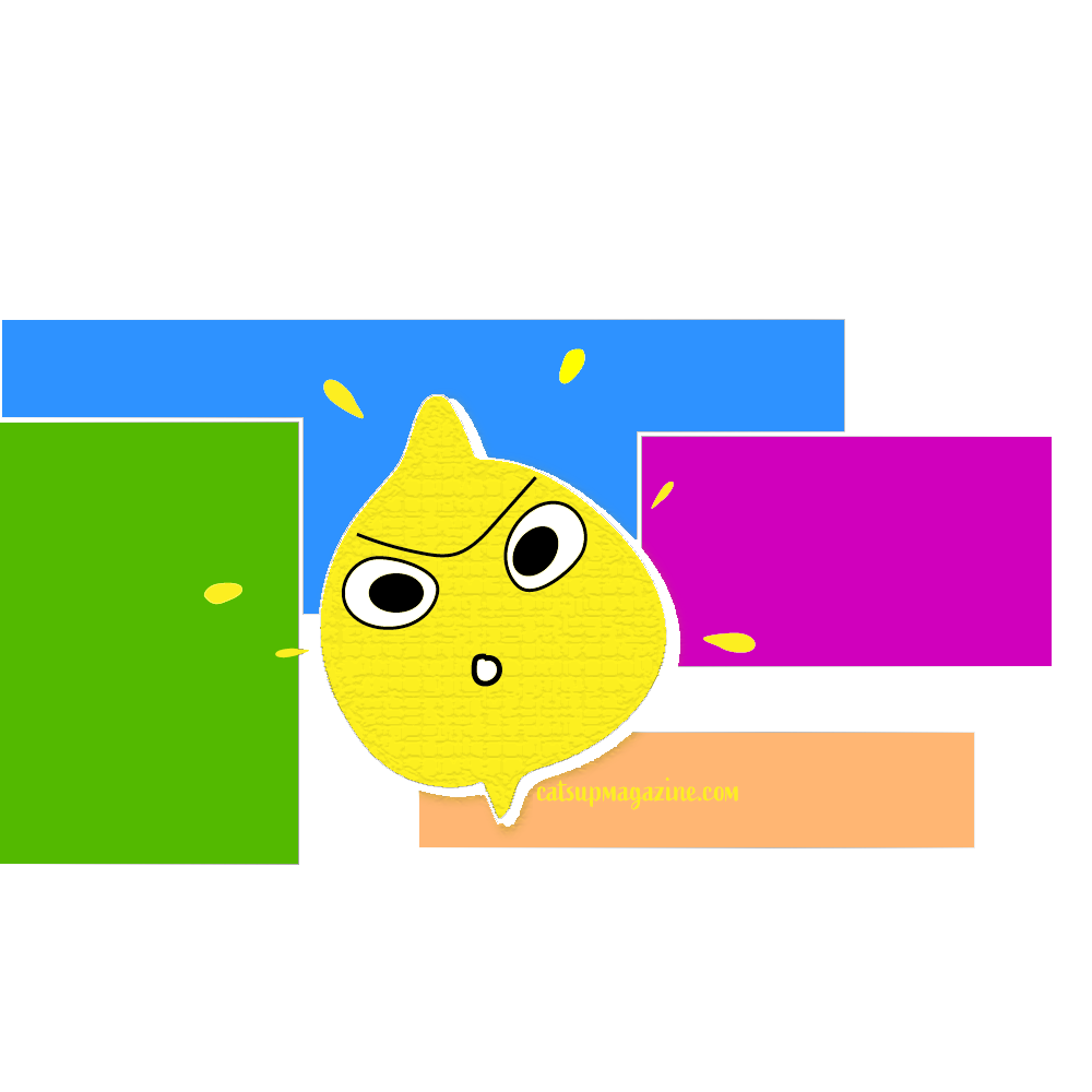 a graphic depiction of a lemon with a sour (grumpily upset) surrounded in the background by colorful rectangles