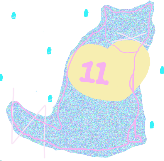 a light blue illustrated cat has a light yellow heart overlayed with the number 11 in pink. blue dots are patterned over the image