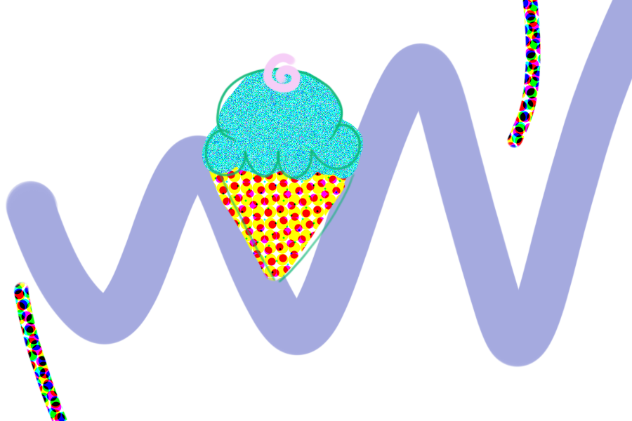 a suggestive graphic depicts a blue ice cream atop a waffle cone. two black lines give the illusion of human curves. a purple zig zag adds color to the transparent background