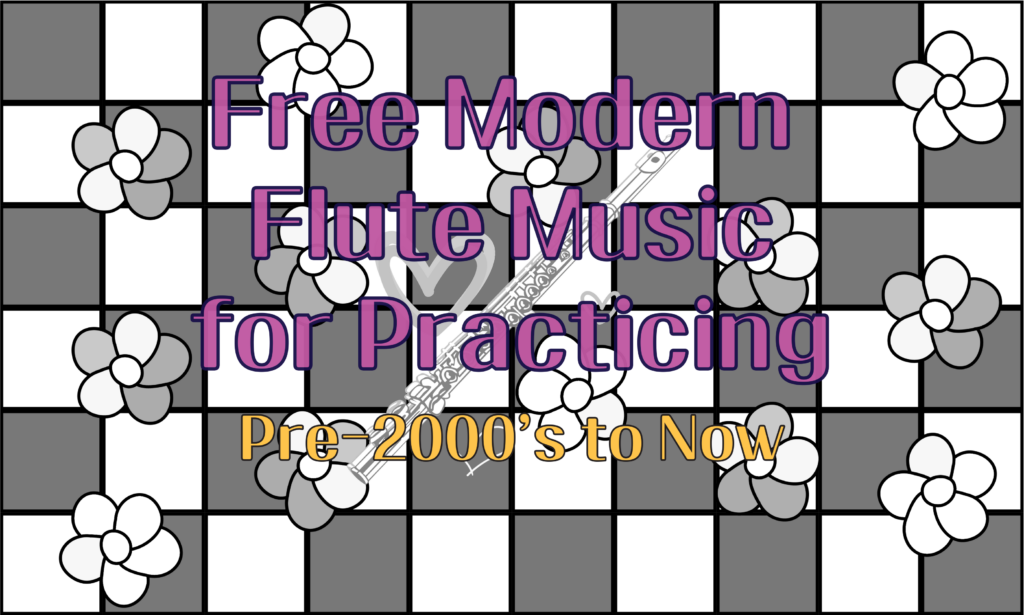 free modern flute music for practicing pre-2000s to now text is overlayed over a black and white checkered flute graphic