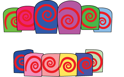 two rows of colorful teeth with red spirals