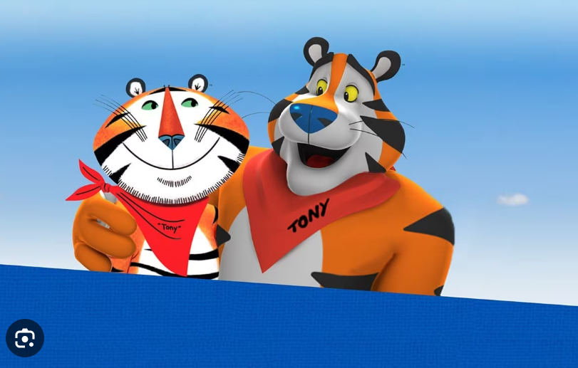 a 2-D Tony the Tiger is pictured left and a 3-D version of Tony the Tiger has his arm around him image right