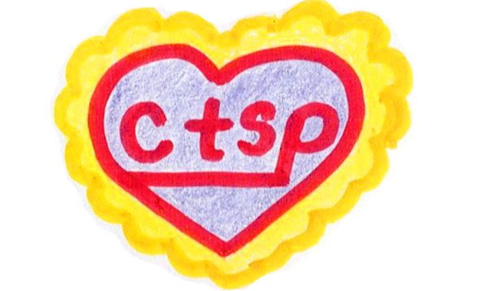 a purple heart with a golden yellow ruffle border holds the letters 'ctsp' inside