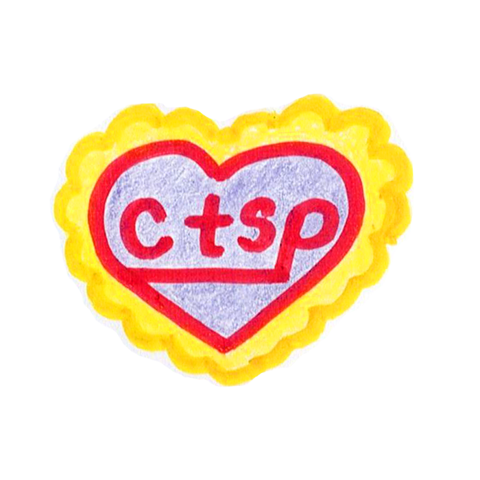 a purple heart with a golden yellow ruffle border holds the letters 'ctsp' inside