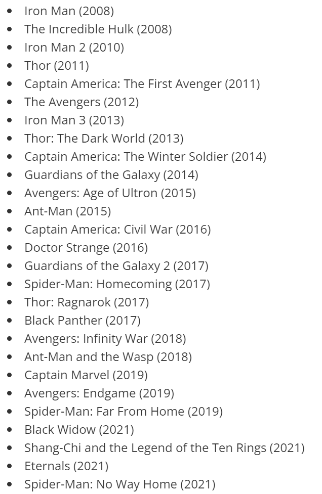 A screenshot from space.com's 'Marvel movies in order: chronological & release order' article by Lauren O'Callaghan shows Marvel released over 20 titles in an eleven year period
