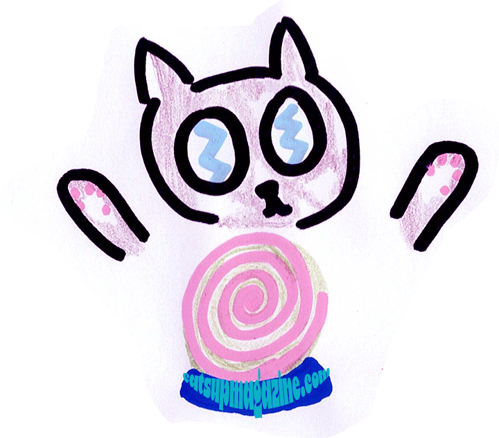 a cartoonish cat is holding two paws above a pink swirly crystal ball that has a blue base reading catsupmagazine.com