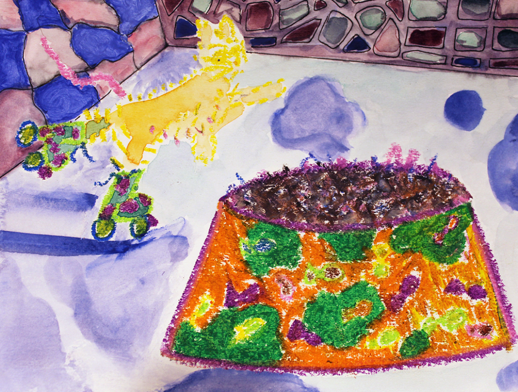 an oil pastel illustration is depicted rollerskating and falling into a giant bowl of kibble in a purple atmospheric room