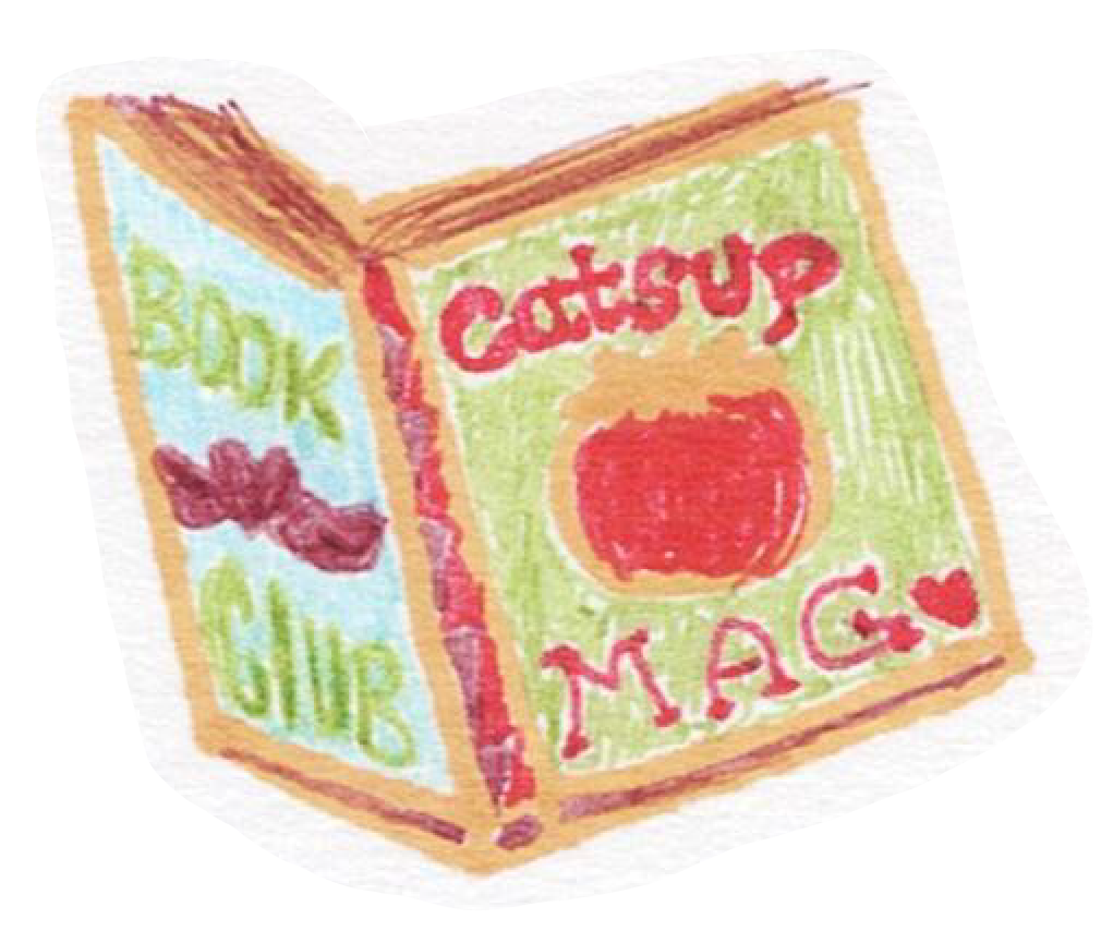 a handdrawn graphic of a book with a tomato and 