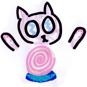 a cartoonish cat is holding two paws above a pink swirly crystal ball that has a blue base reading catsupmagazine.com