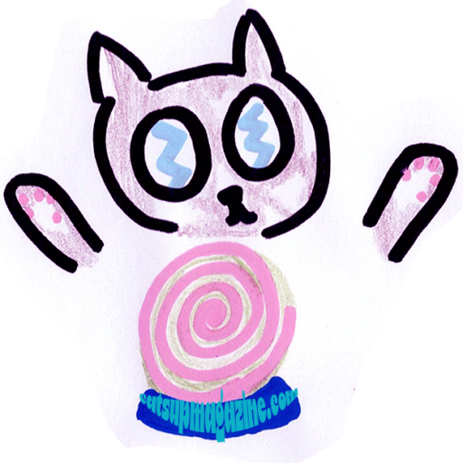 a cartoonish cat is holding two paws above a pink swirly crystal ball that has a blue base reading catsupmagazine.com