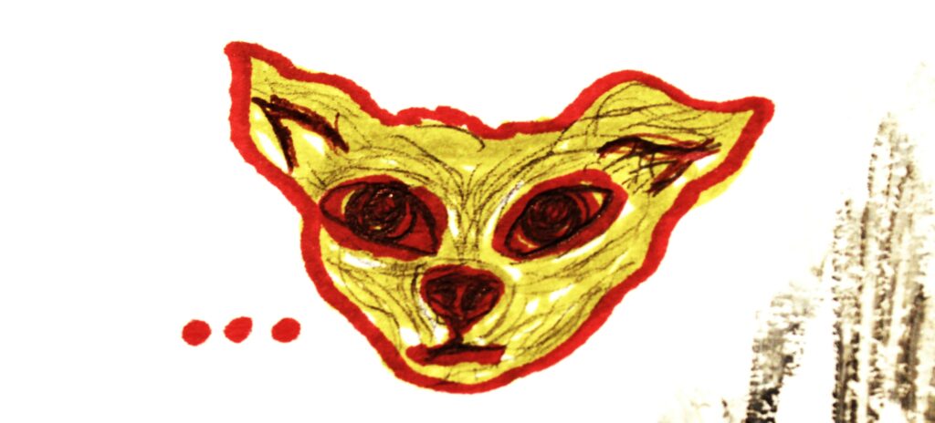 a red lined dog head illustration with three dots to the left