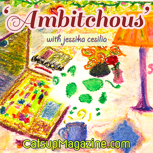 An oil pastel drawing of a green and white cow using a colorful laptop in a home office setting has 'Ambitchous' with jessika cesilia as the two title lines and 