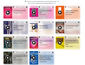 a screenshot of hoopla.com shows the account holder has borrowed eleven books most of which are flute sheet music ebooks