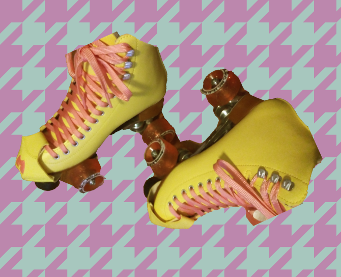 a pair of yelllow beach bunny roller skates are collaged over a purple and teal houndstooth background