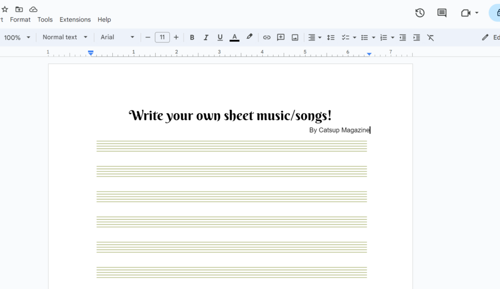 Green sheet music template graphic for printing or digital composing, free download