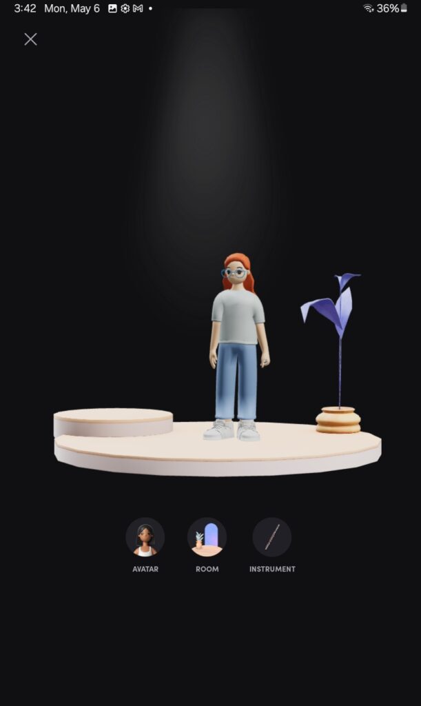 A digital human figure wearing a white tshirt and jeans stands on a small, round wooden platform with a single tall, purple plant to their left. The platform is floating in black space with a single soft spotlight landing on the center standing avatar.