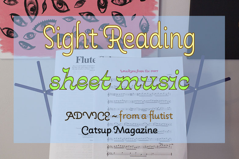 Sight reading sheet music / Advice from a flutist / Catsup Magazine graphic text is overlaid above a light blue, low opacity decorative box, which is centered mostly covering a photograph of a music stand with Laufey's "Loved You from the Start" sheet music for flute