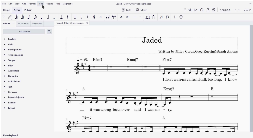 a screenshot of jaded by miley cyrus piano version open on musecore. the mouse is hovering over Tools from the menu