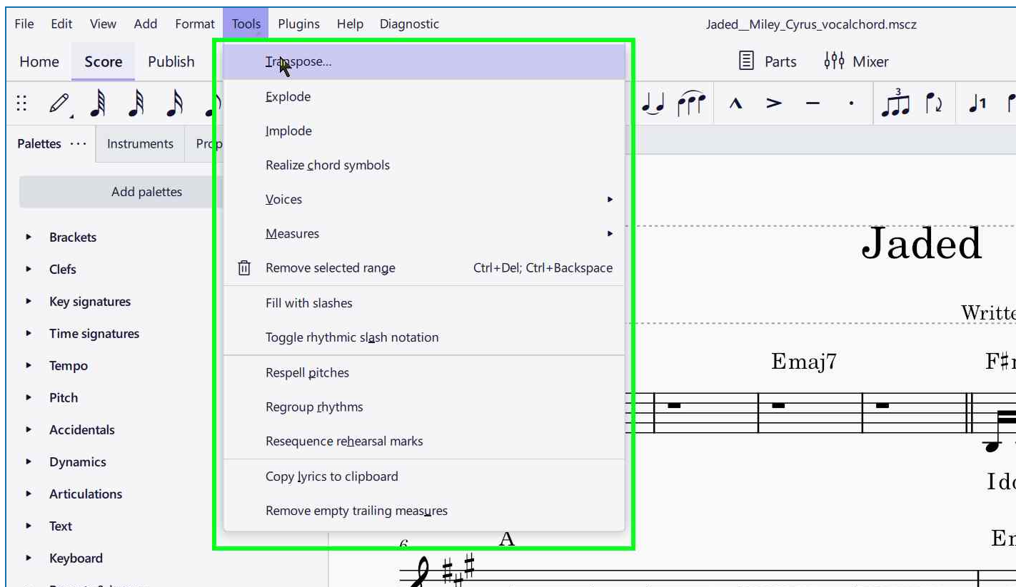 Screenshot of Tools > Transpose on MuseScore for Jaded by Miley Cyrus