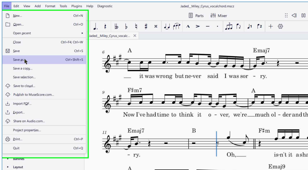 File > Save As > Rename sheet music