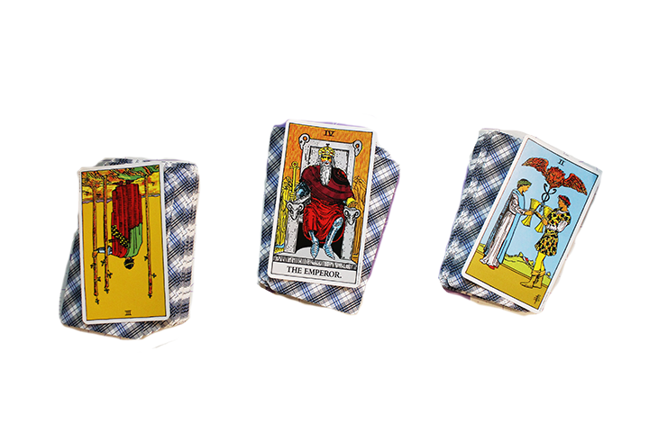 A three card tarot spread. From left to right, Card 1 is Three of Wands reversed, Card 2 is The Emperor, and Card 3 is the Two of Cups from the Rider Waite deck.