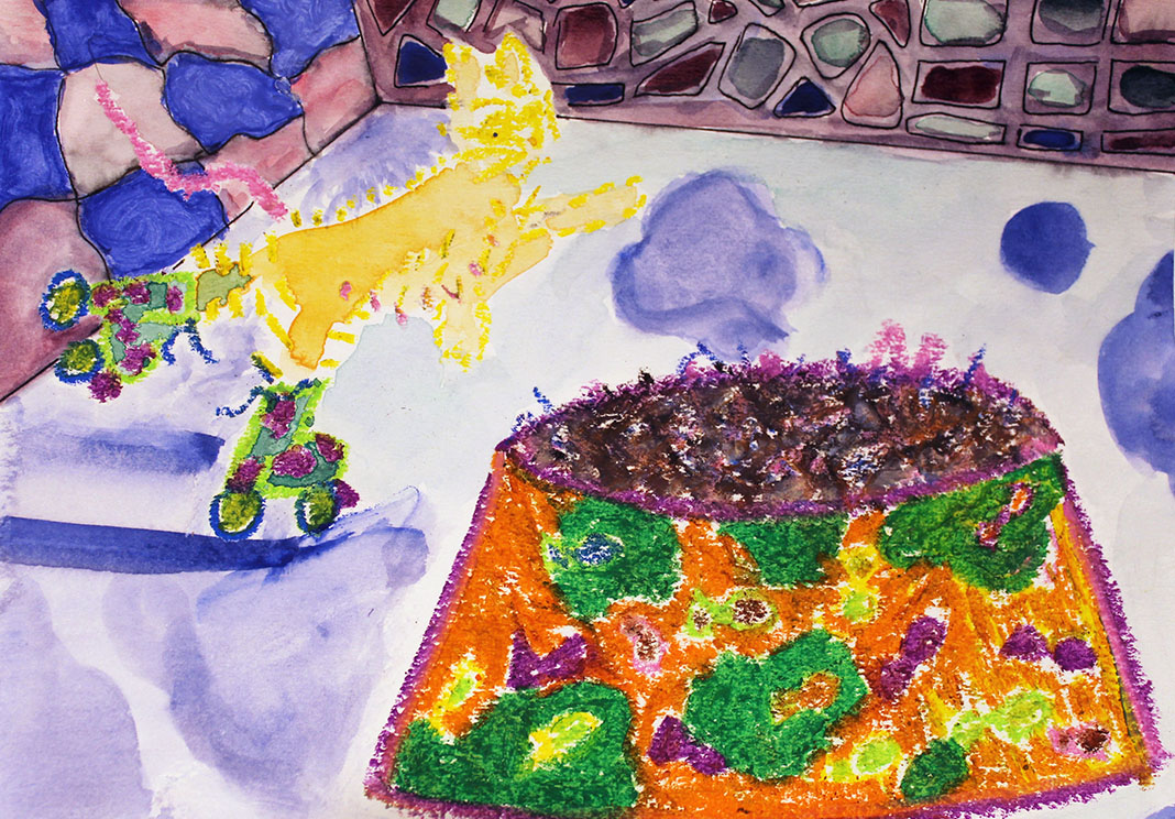 an oil pastel illustration is depicted rollerskating and falling into a giant bowl of kibble in a purple atmospheric room