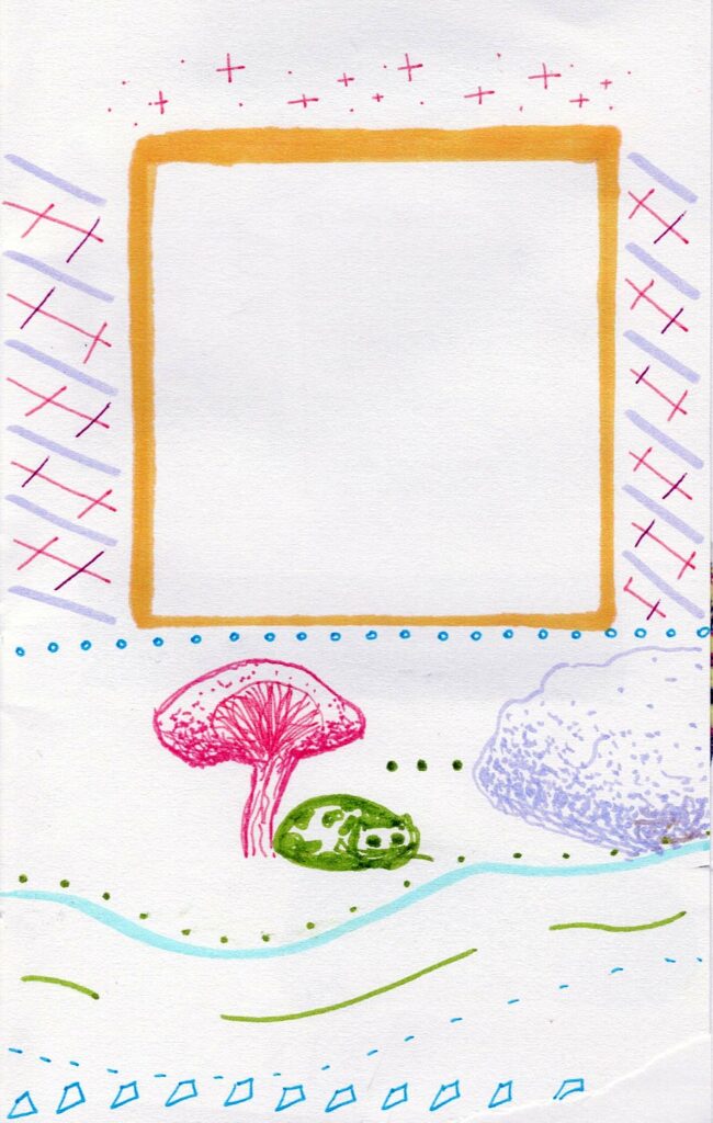 a handdrawn zine cover with a small green cowcat underneath a red mushroom