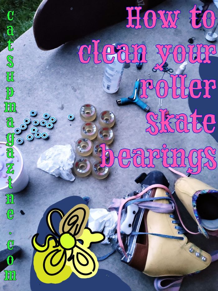 How to clean your roller skate bearings pink text laid over a pair of yellow roller skates with the hardware screwed off for skate maintenance.