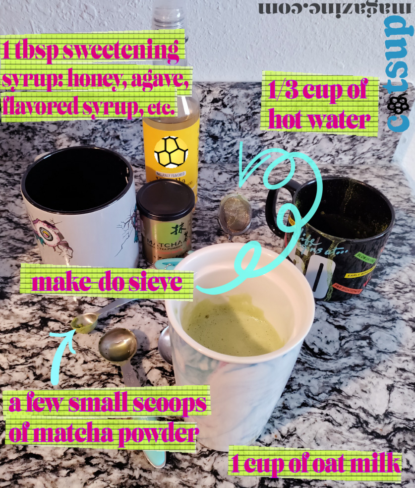 a recipe for iced oat milk matcha prepared in a blender. the ingredients are sweetener syrup, matcha paste made from hot water and matcha, and oat milk blended together.