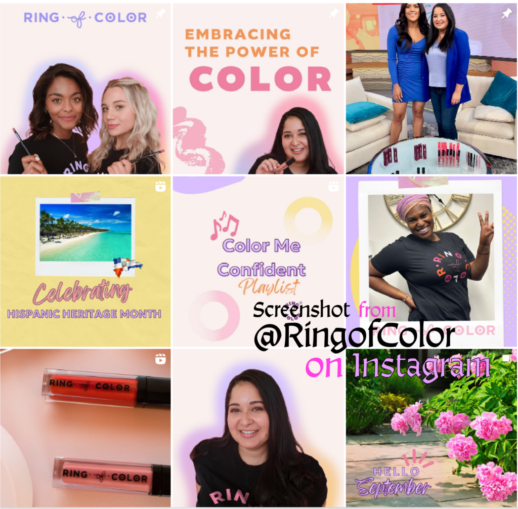 A screenshot of Ring of Color's three by three IG grid shows pastel colorful graphics that hare messages such as "Embracing the power of color" and "Celebrating Hispanic Heritage Month", "Color Me Confident Playlist", "Hello September"