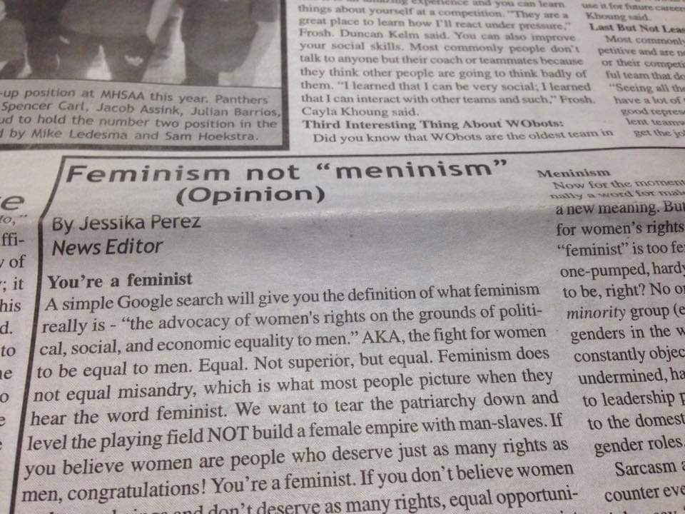 A newspaper article titled Feminism not "meninism"