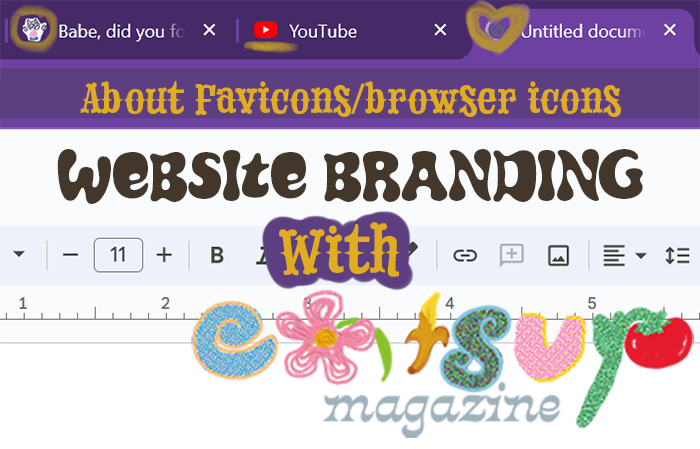 All about Favicons/browser images. Website branding with Catsup Magazine. The previous text was overlayed atop a screenshot of multiple browser windows. The color theme is purple and orange.